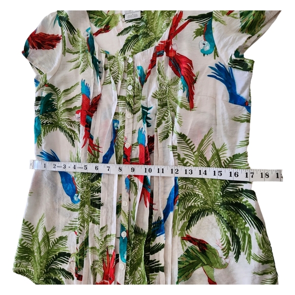 Vintage Style Pleated Front Cap Sleeve Coloful Tropical Parrot Blouse Size M - Picture 4 of 6
